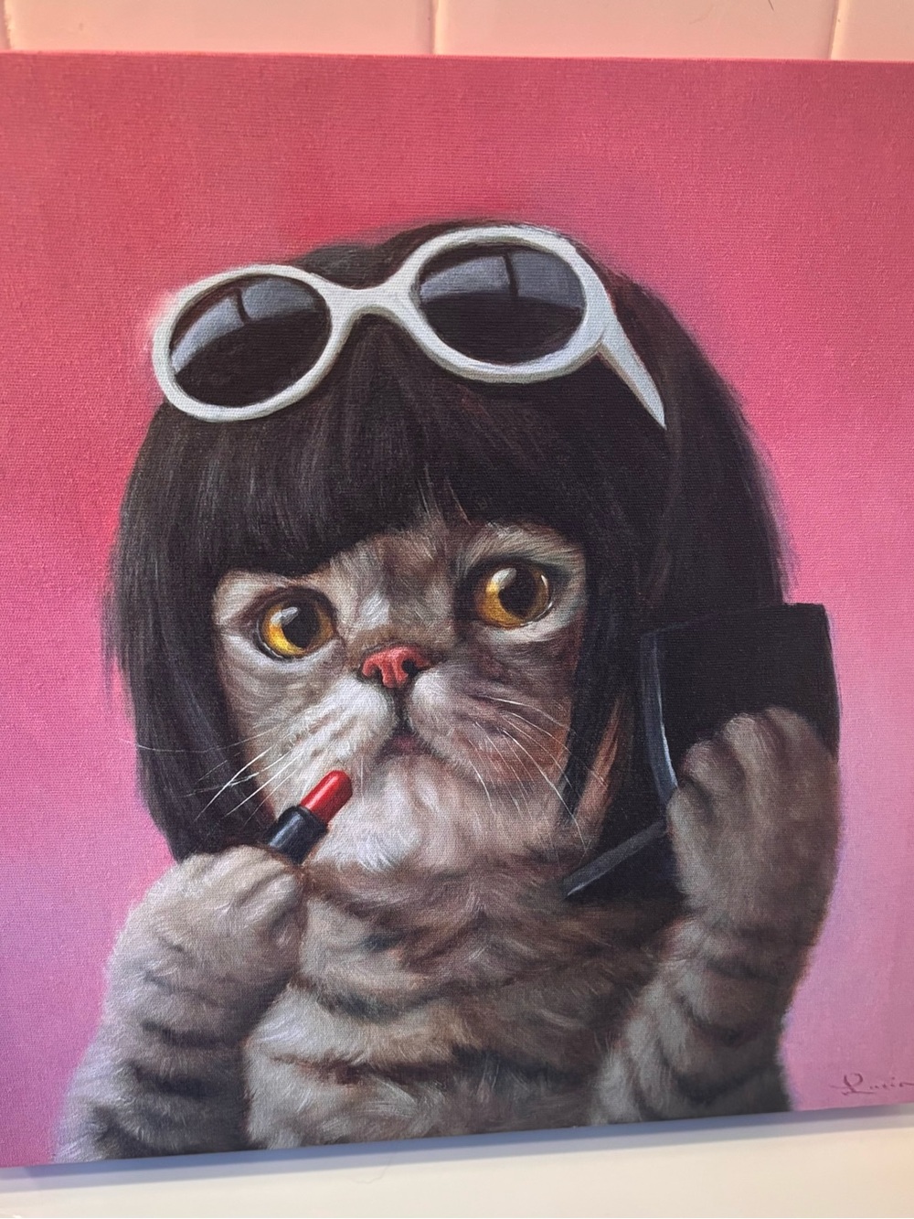 Playful Pink Cat Wall Art Print with Lipstick Lucia Heffernan
